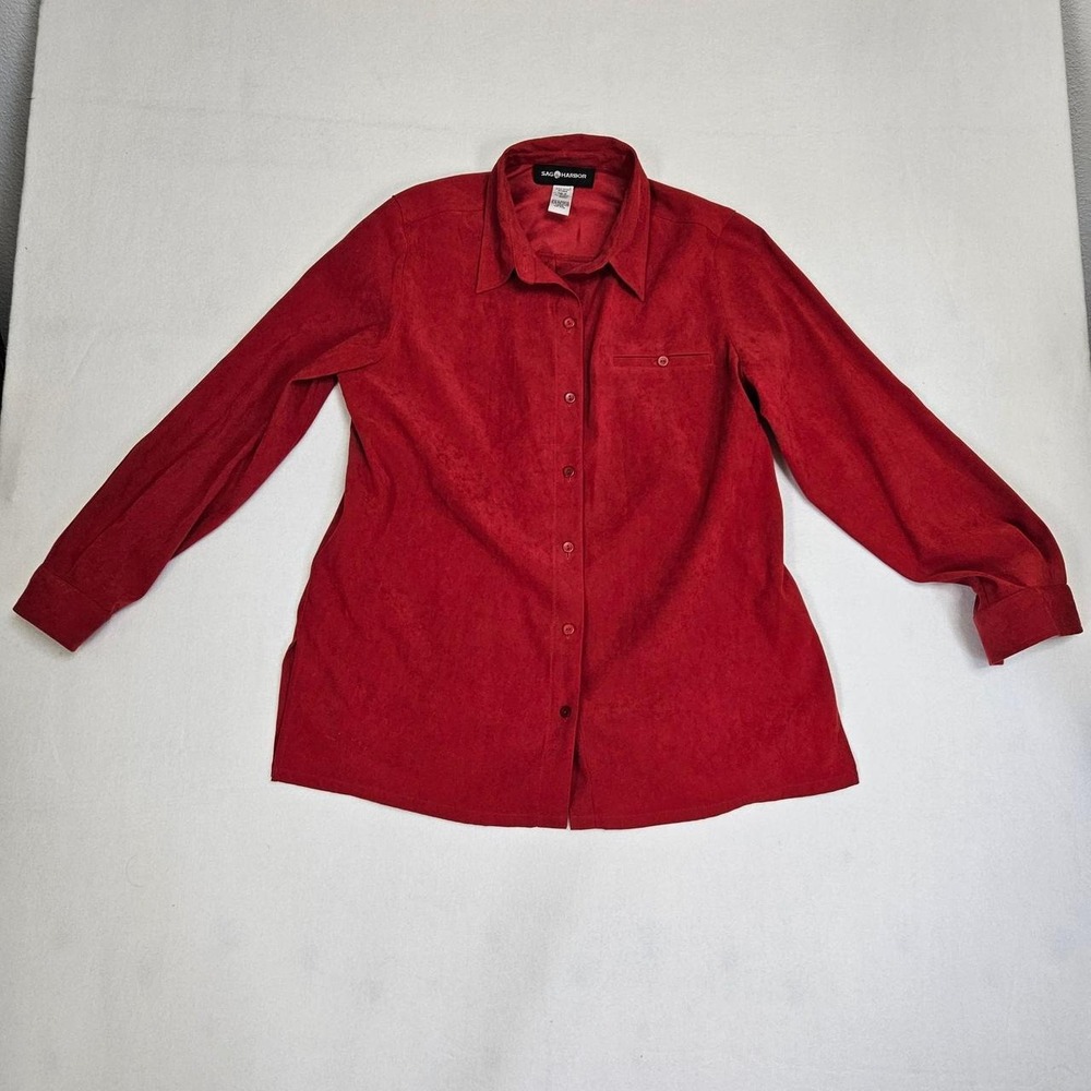Sag Harbor Womens Red Microsuede Collared Long Sleeve Button Up Blouse Size 12
